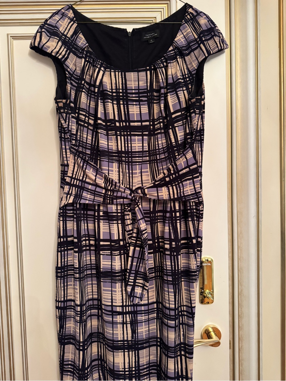 Tahari ASL Lavender Plaid Cap-Sleeve Tie-Waist Dress
